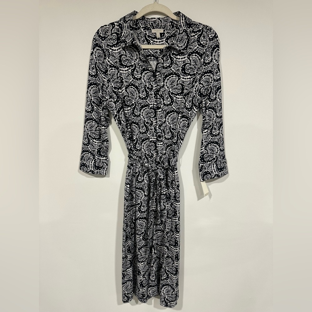 NWT Talbots Belted Black and White Dress Size Large Button Down V Neck Stretch